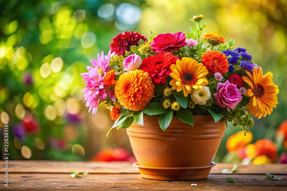 Vibrant Colorful Flowers Blooming in Terracotta Pot - Spring Garden Decor Vibrant Colorful Flowers Blooming in Terracotta Pot - Spring Garden Decor