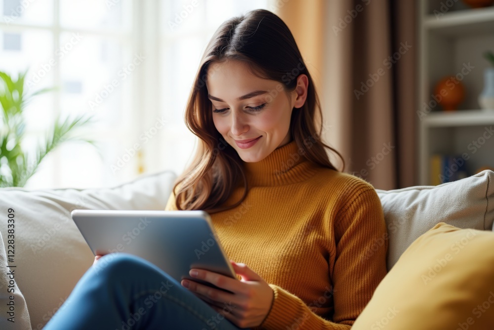 A Young Woman Relaxing at Home, Engaged in Reading on a Tablet While Sitting Comfortably on a Cozy Sofa Surrounded by Natural Light and Comforting Decor A Young Woman Relaxing at Home, Engaged in Reading on a Tablet While Sitting Comfortably on a Cozy Sofa Surrounded by Natural Light and Comforting Decor