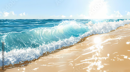 A gentle wave retreating from the sandy shore with the sparkling sun reflecting on the water. Sparkling Shore. Illustration