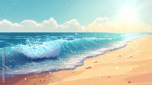 A gentle wave retreating from the sandy shore with the sparkling sun reflecting on the water. Sparkling Shore. Illustration