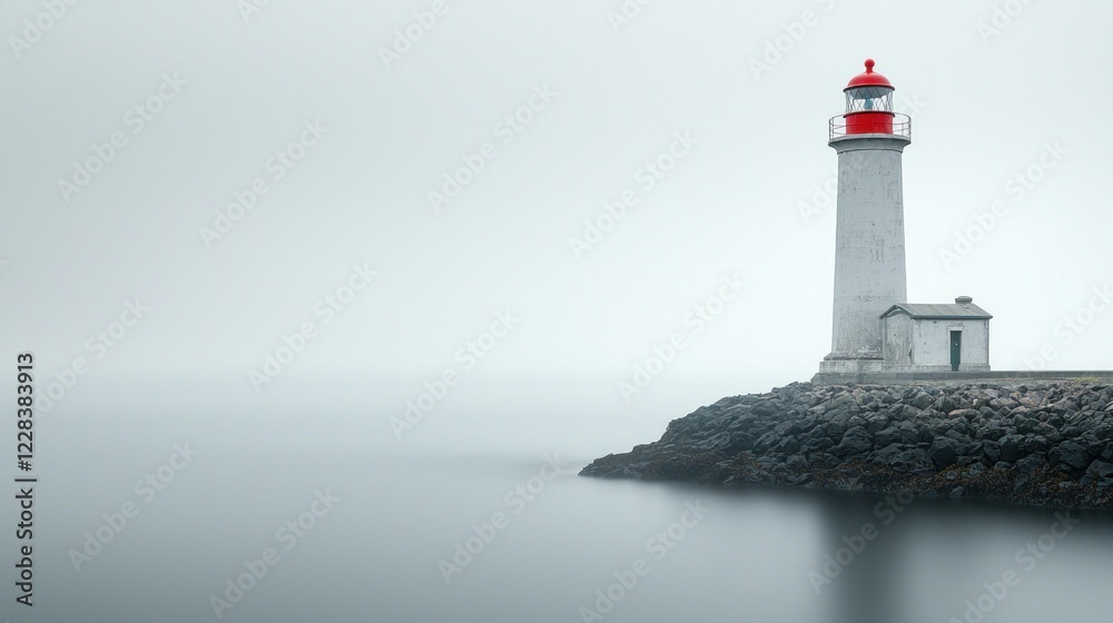 Red-topped lighthouse on rocky coast in dense fog Red-topped lighthouse on rocky coast in dense fog