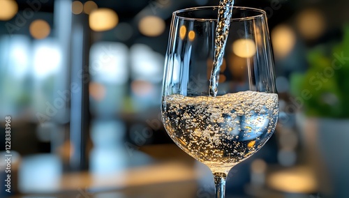 Wallpaper Mural Sparkling white wine poured into elegant wine glass with bokeh background, close-up view capturing bubbles and reflective surface in restaurant setting. Torontodigital.ca