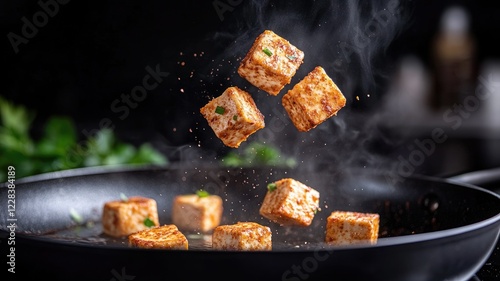 Tofu cubes being stir-fried in pan photo