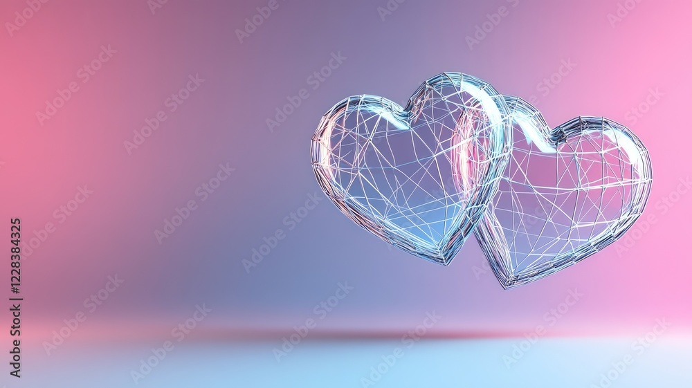Two transparent wireframe hearts on pink and blue gradient background Two transparent wireframe hearts on pink and blue gradient background