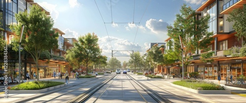 Transit-oriented development. High-density housing, shops, plazas near light rail. Pedestrian & bike paths. Urban planning vision.