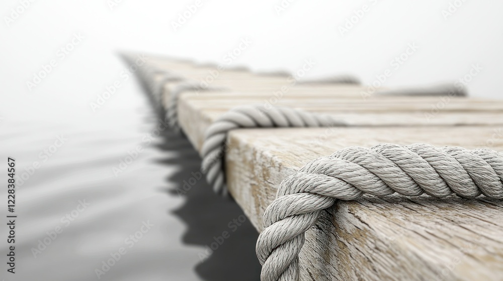 Naklejka premium Rope-tied wooden dock over calm water extends into the fog