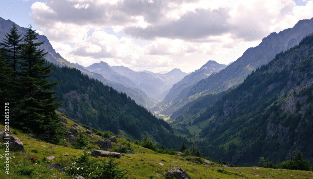 Fototapeta premium Majestic Alpine Valley Panorama: A Breathtaking View of Serene Mountain Scenery