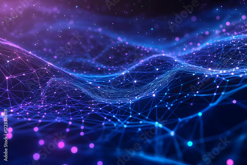 Abstract 3D Illustration of a Network of Connected Dots and Lines Glowing in Purple and Blue