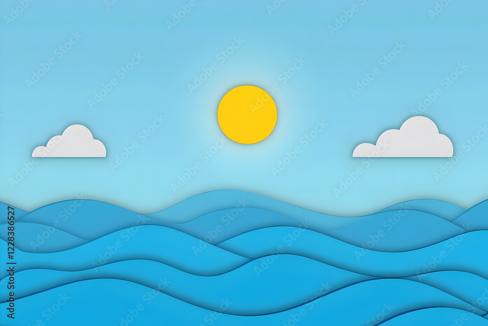 Paper Cutout Ocean Waves Under a Sunny Sky with Clouds Creates a Serene Seascape Background Paper Cutout Ocean Waves Under a Sunny Sky with Clouds Creates a Serene Seascape Background