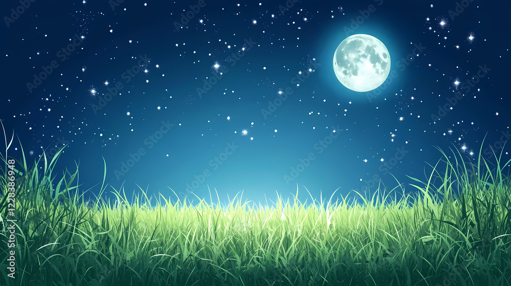 Fototapeta premium Night sky over grass field. Starry Meadow. Illustration