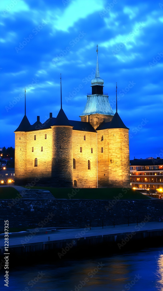 Majestic Castle Illuminated at Night Under a Blue Sky Majestic Castle Illuminated at Night Under a Blue Sky