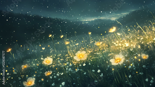 The meadow was transformed into a dreamlike landscape as the glowing starry mist danced a the flowers and tall grass. Starry Meadow. Illustration