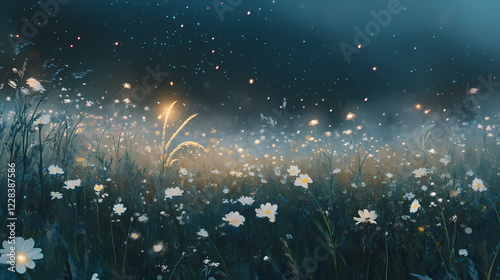 The meadow was transformed into a dreamlike landscape as the glowing starry mist danced a the flowers and tall grass. Starry Meadow. Illustration