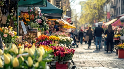 Vibrant Flower Market in Urban Setting with Busy Street Scene