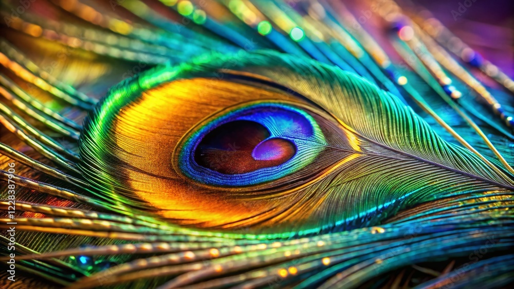 Naklejka premium Vibrant Peacock Feather Macro: Jewel-toned Details & Intricate Patterns