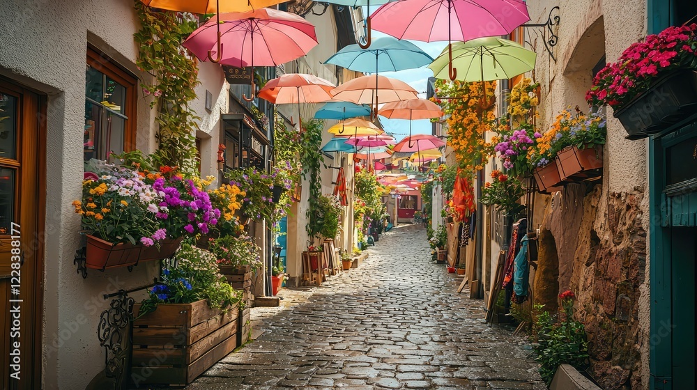 Fototapeta premium Colorful Umbrellas Hanging Over Charming Cobblestone Alleyway