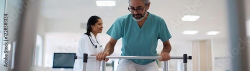 Therapist helping a patient improve mobility with assisted walking tools photo