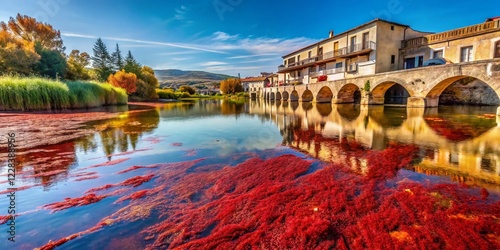 Vibrant Red Algae Bloom in Guadalaviar River, Aragon, Spain - Stunning Architectural Photography photo