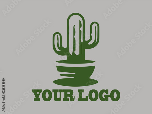 Green potted cactus plants are ideal for botanical designs, This cactus vector illustration features a minimalist design. Ball-shaped cactus with sharp spines, The background is gray logos or organic