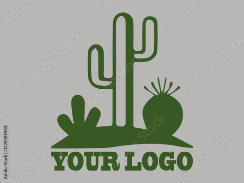 Green potted cactus plants are ideal for botanical designs, This cactus vector illustration features a minimalist design. Ball-shaped cactus with sharp spines, The background is gray logos or organic