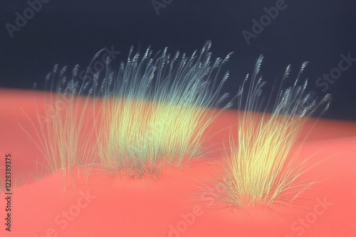 Abstract representation of grass in a desert landscape highlighting soft colors, ideal for conveying serenity, nature, and tranquility in art projects photo