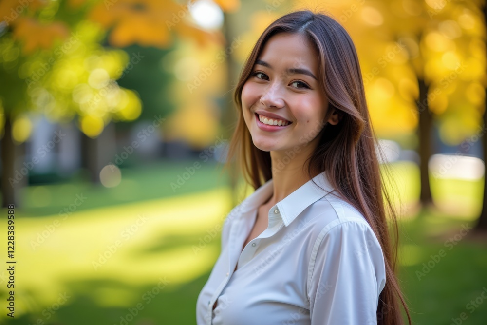 A Young Woman with Long Dark Hair Smiling Joyfully Amidst Fall Foliage in a Lush Green Park, Capturing Nature's Beauty and Her Radiant Personality A Young Woman with Long Dark Hair Smiling Joyfully Amidst Fall Foliage in a Lush Green Park, Capturing Nature's Beauty and Her Radiant Personality