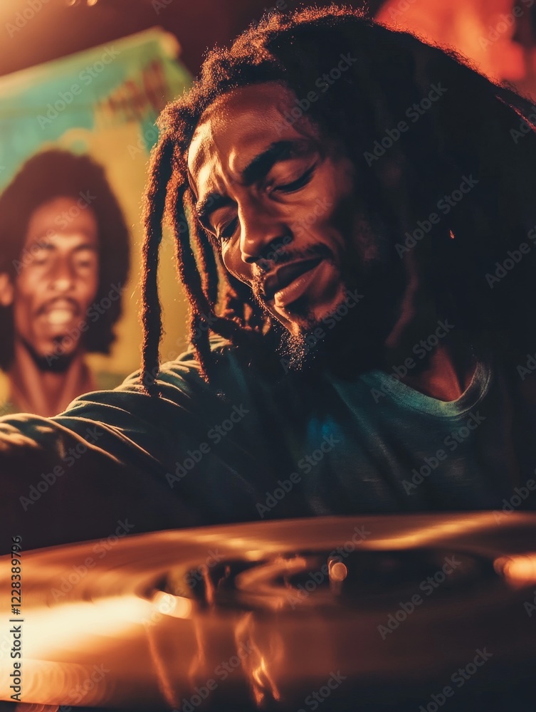Obraz premium Passionate Musician Playing Vinyl Records in Warm Lighting