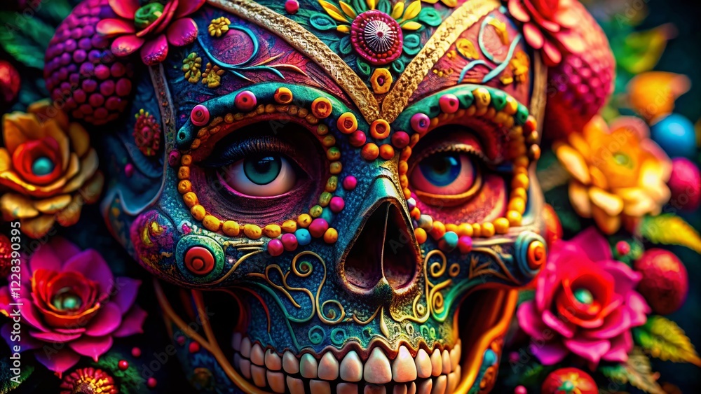 Vibrant Sugar Skull Macro Photography: Intricate Details & Festive Colors Vibrant Sugar Skull Macro Photography: Intricate Details & Festive Colors