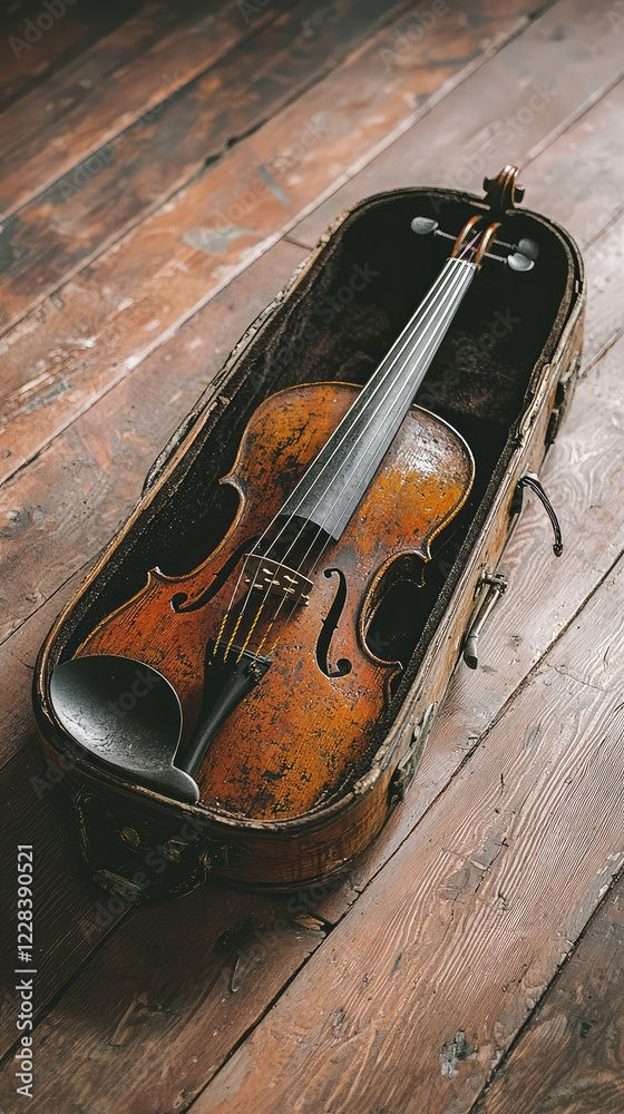 Obraz premium Vintage Violin and Weathered Case on Rustic Wooden Floor