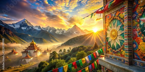 Vibrant Thangka Painting with Bokeh Background, Tibetan Buddhist Art, Spiritual Mandala