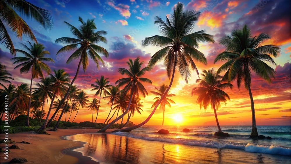 Vibrant Tropical Beach Scene with Palm Trees and Abstract Background - Stock Photo Vibrant Tropical Beach Scene with Palm Trees and Abstract Background - Stock Photo
