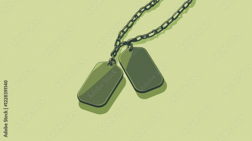 Fototapeta premium Green Military Dog Tags Hanging on Chain Against Light Background