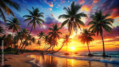 Vibrant Tropical Beach Scene with Palm Trees and Abstract Background - Stock Photo