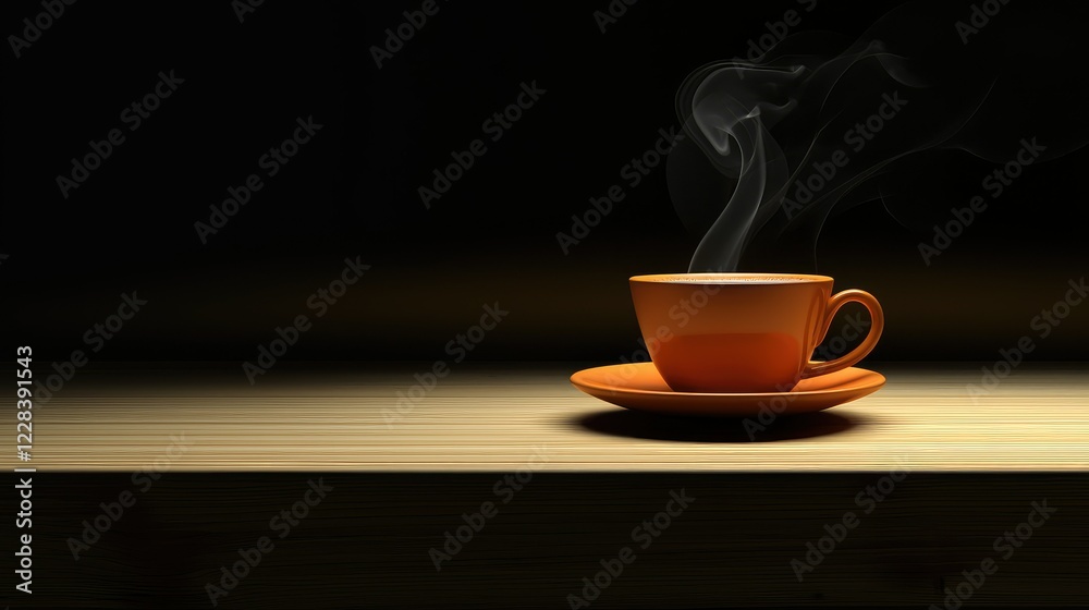 Hot Coffee Cup with Steam on Wooden Table in Dark Background Hot Coffee Cup with Steam on Wooden Table in Dark Background