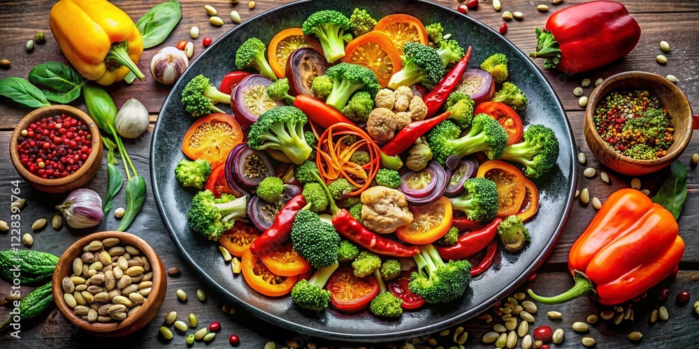 Vibrant Vegan Roasted Vegetable Bowl: Bird's Eye View of Colorful Autumn Harvest Vibrant Vegan Roasted Vegetable Bowl: Bird's Eye View of Colorful Autumn Harvest