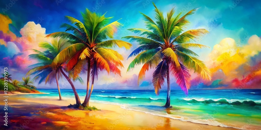 Obraz premium Vibrant Watercolor Palm Trees Tropical Beach Tilt-Shift Abstract Art