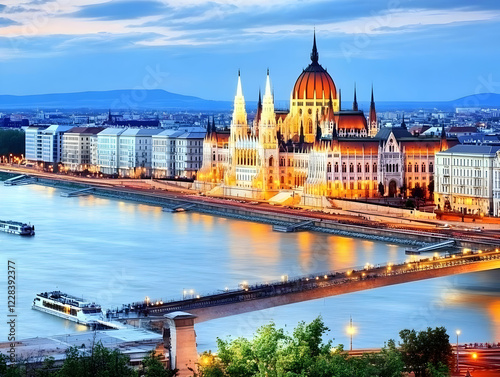 Illuminated Parliament Building on Danube River at Dusk with City Lights Reflecting Beautifully