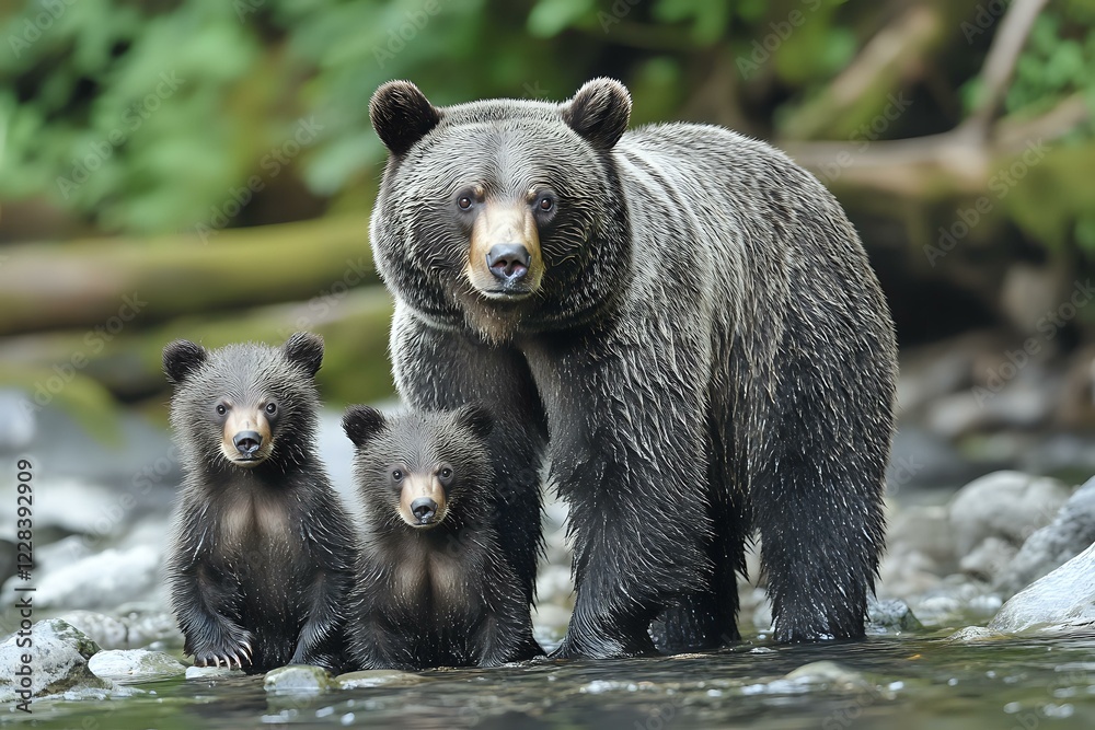 Female black bear with two cubs standing at water's edge in natural habitat. Mother bear protectively watches while cubs explore rocky riverbank surrounded by green forest. Female black bear with two cubs standing at water's edge in natural habitat. Mother bear protectively watches while cubs explore rocky riverbank surrounded by green forest.
