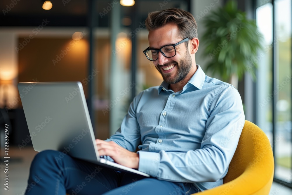 Man Working on Laptop in Modern Office Space with Natural Light and Contemporary Decor, Focused and Engaged in Task While Seated Comfortably in Trendy Chair Man Working on Laptop in Modern Office Space with Natural Light and Contemporary Decor, Focused and Engaged in Task While Seated Comfortably in Trendy Chair