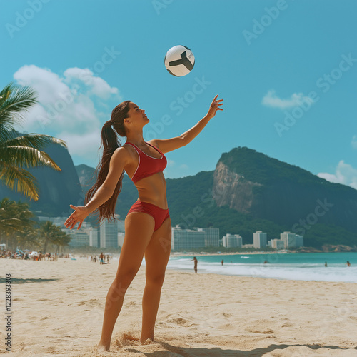 Young Woman Playing Footvolley on Sunny Beach with Beautiful Tropical Scenery