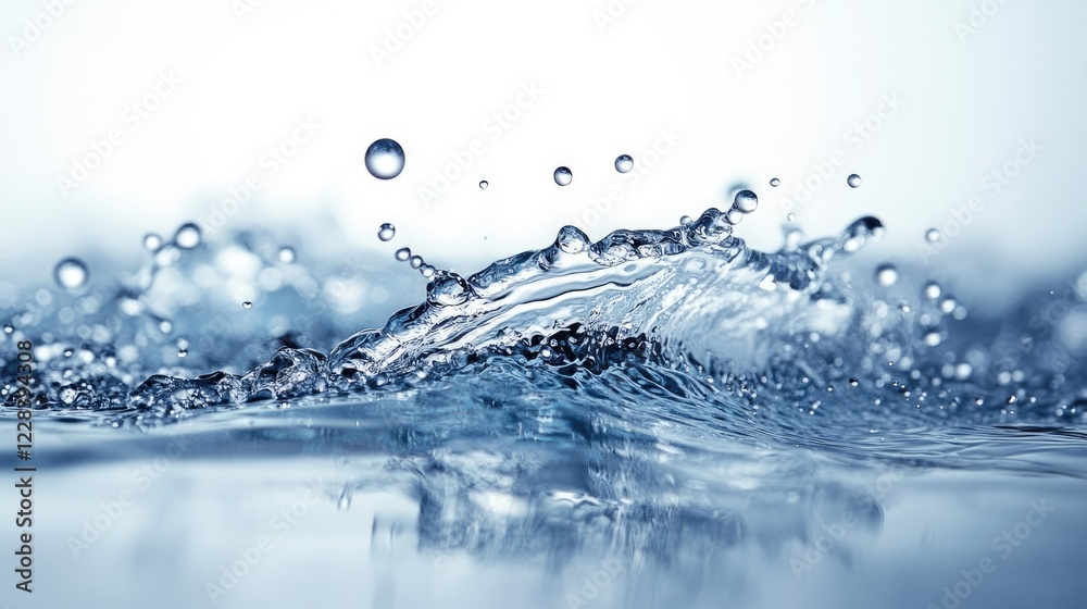 Close-up of water splash with droplets creating dynamic patterns against a soft blue background Close-up of water splash with droplets creating dynamic patterns against a soft blue background