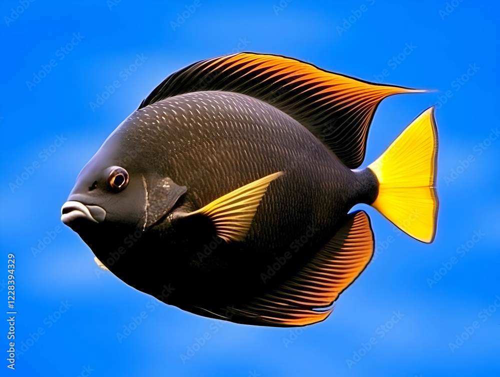 Naklejka premium Black and gold fish swims gracefully in crystal-clear blue water, vibrant marine life underwater.