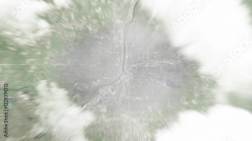 Earth zoom in from space to Grand Rapids, Michigan, USA. Followed by zoom out through clouds and atmosphere into space. Satellite view. Travel intro. Images from NASA