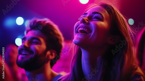 Young couple attending a concert together, singing along and enjoying the moment photo