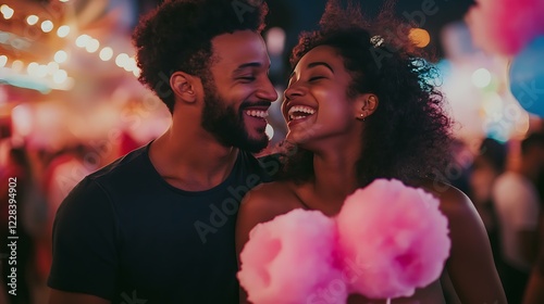 Young couple exploring a festival, sharing cotton candy and laughter amidst the crowd