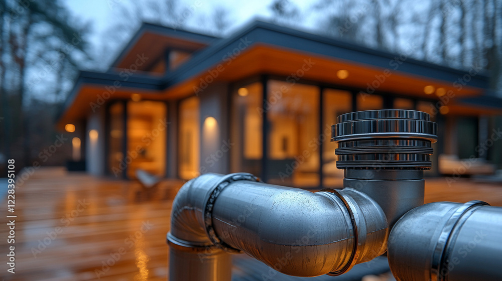 Large pipe in foreground with blurred house background symbolizing plumbing installation modern design minimalistic bright tone with empty caption space on the side Large pipe in foreground with blurred house background symbolizing plumbing installation modern design minimalistic bright tone with empty caption space on the side