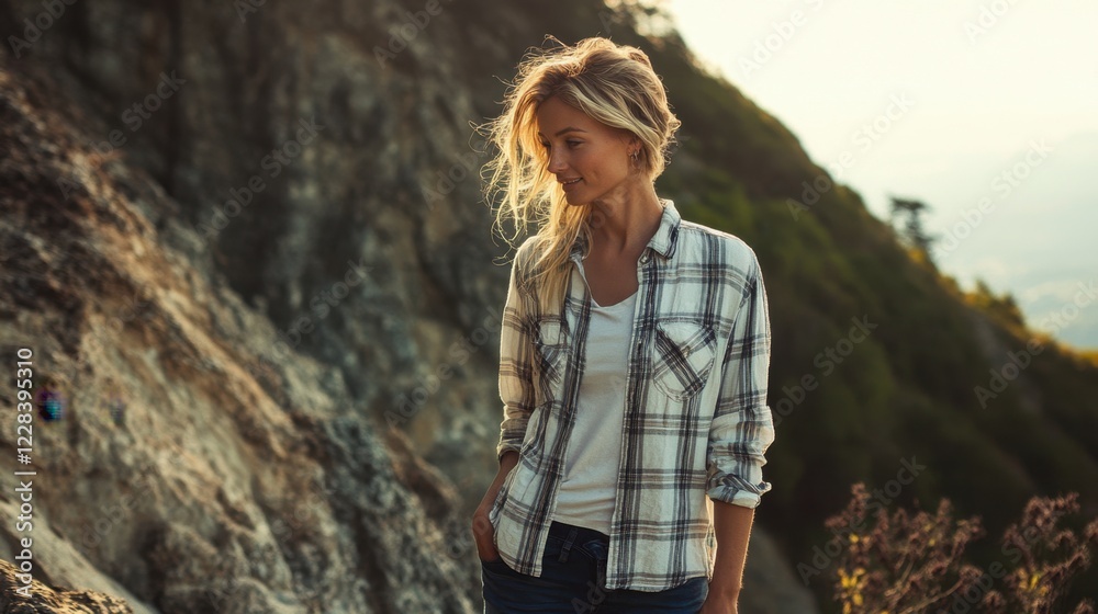 Naklejka premium Portrait of a joyful woman in her 30 wearing a comfy flannel shirt against a serene dune landscape background