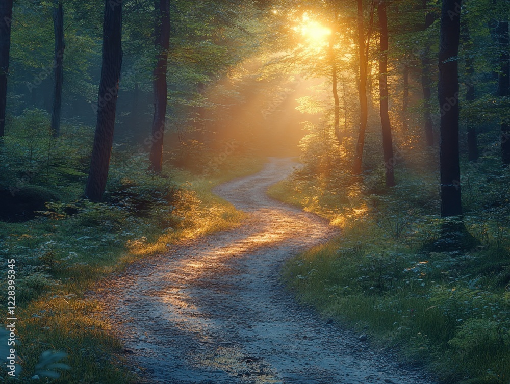 Fototapeta premium Sunlight Shines Through a Winding Forest Path Creating a Golden Hour Glow