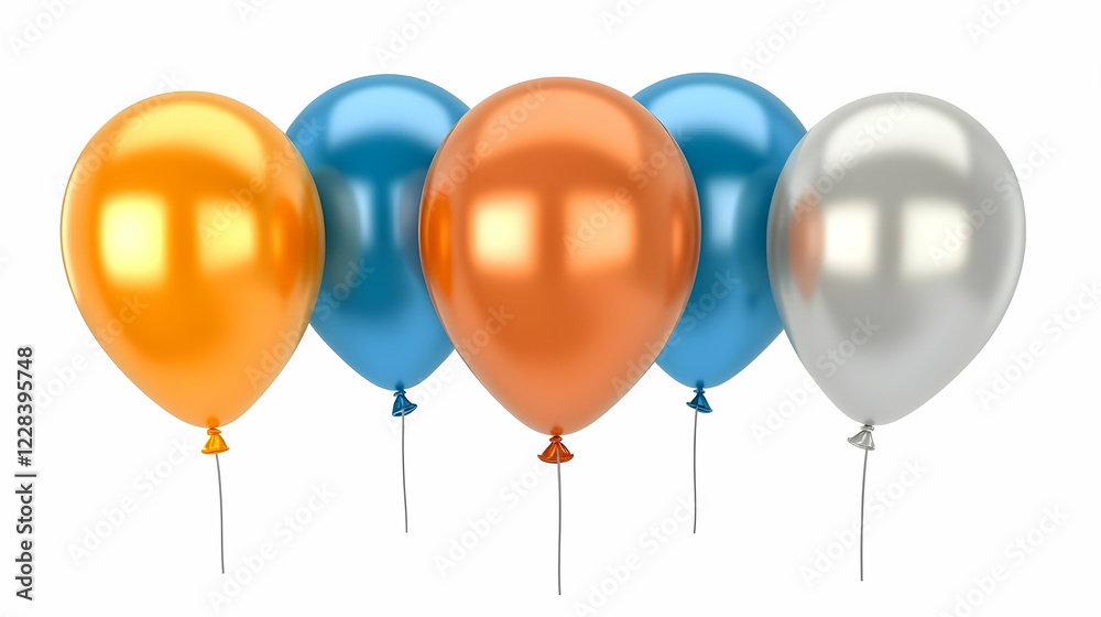 Five Colorful Balloons Tied to Strings Float Gracefully Against a White Background Five Colorful Balloons Tied to Strings Float Gracefully Against a White Background