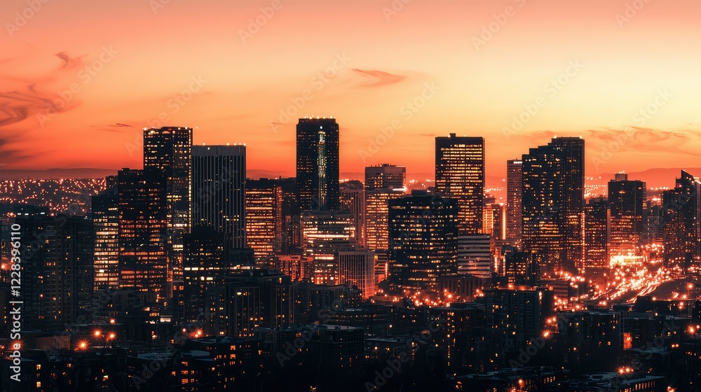 Obraz premium Dazzling City Skyline at Sunset with Bright Illuminated Buildings